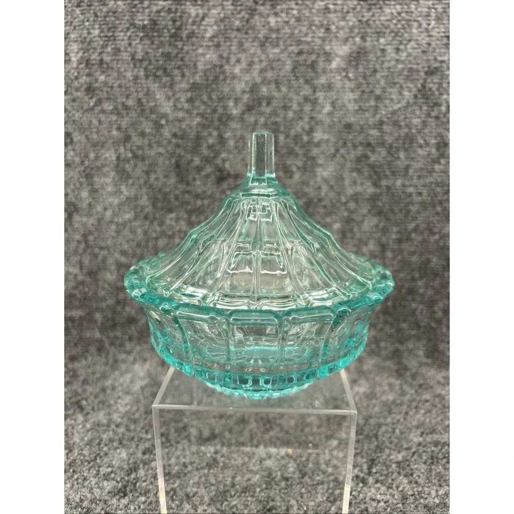 Vintage Tiara Fostoria Lead Crystal Teal Green - Blue Glass Candy Dish W/Lid 5